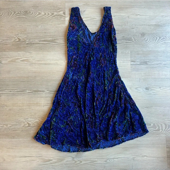 Lasoie Vintage Asymmetrical Blue Velvet patterned dress size small silk - Picture 2 of 7